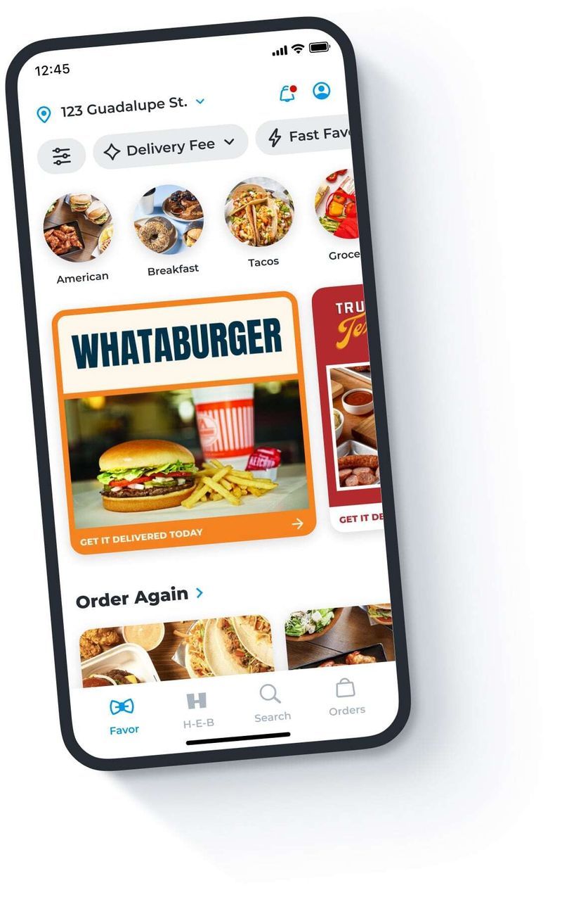 iPhone using the Favor Delivery application to search for food deliveries in the area
